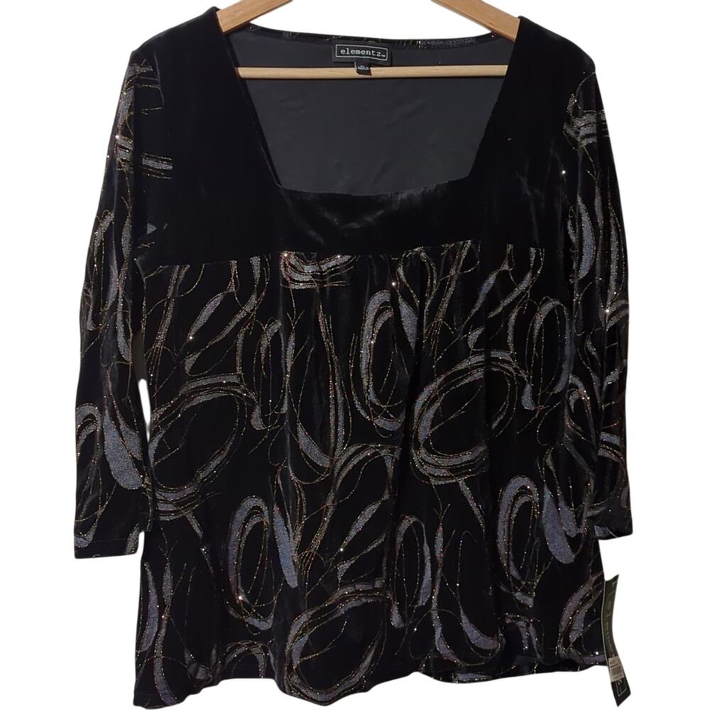 NWT Elementz XL Black/Gold Glitter Details Velvet Tunic/Top [0051]